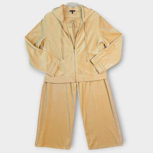 Daisy Fuentes Velvet Plush Hoodie Lounge Sweatpants Set Wide Leg Womens 1X Beige - Picture 1 of 12